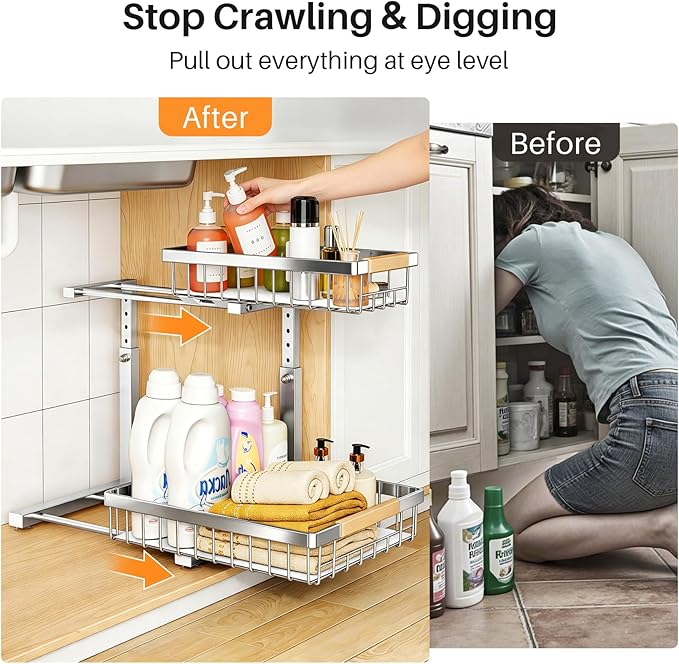 PXRACK Under Sink Organizer, Adjustable Height, 2 Tier Pull Out Cabinet Organizer, Slide Out Thickened Metal Storage for Kitchen Bathroom Laundry Pantry Cabinet, Stainless Steel, Silver, Large-2-Pack