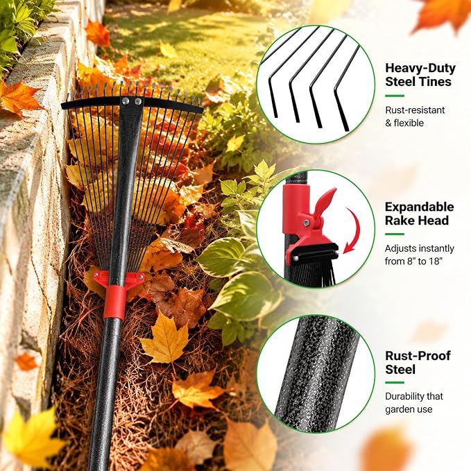 Adjustable Metal Leaf Rake for Leaves, 60 Inch Long Handle Yard Rake with 18 Metal Tines & 8-18" Expandable Head, Lightweight Garden Rake for Lawns, Grass Clippings, Pine Needles