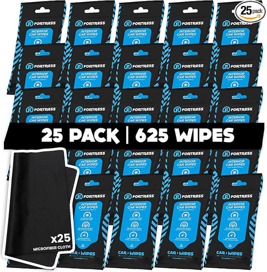 Fortress Car Interior Wipes with Microfiber Cloth (25 ct, Pack of 25) for Car Interior Cleaning, Dashboard, Seats, Detailing, and Steering Wheel [Travel Size] Skin-Safe Car Interior Cleaner Supplies