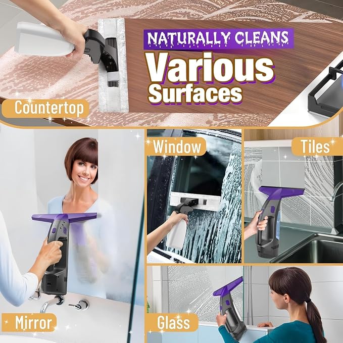 Window Vacuum Squeegee Cordless, 2000Pa Electric Window Cleaner Tool with Spray Bottle & Microfiber Pad, Handheld Window Cleaning Kit for Streak-Free Glass, Shower Doors, Mirrors, Tiles, Car Windows