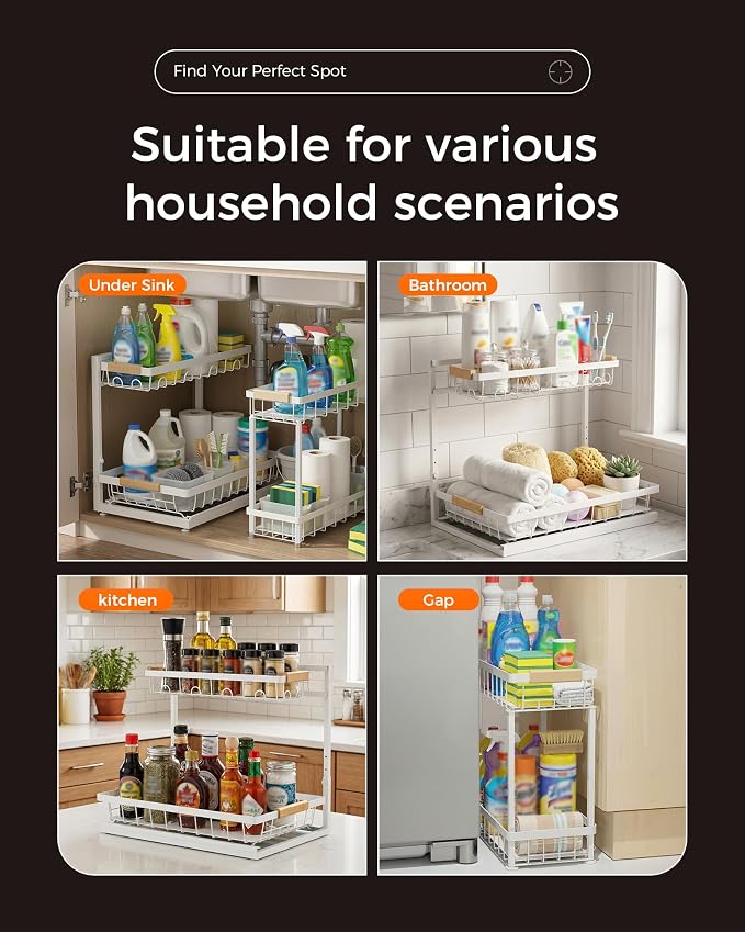 Sevenblue 3 Pack Under Sink Organizer, Height Adjustable 2 Tier Pull-Out Metal Under Kitchen Sink Organizer, Multi-Purpose Storage Shelves for Kitchen Bathroom Cabinet, White