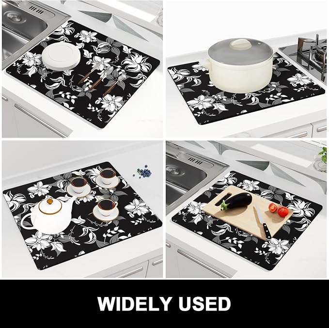 Rnivvi Dish Drying Mat for Kitchen Counter, 16 x 18" Cute Flower Theme Absorbent Heat Resistant Drying Pad with Non-slip Rubber, Coffee Bar Mats for Dish Rack Kitchen Accessories, Black White