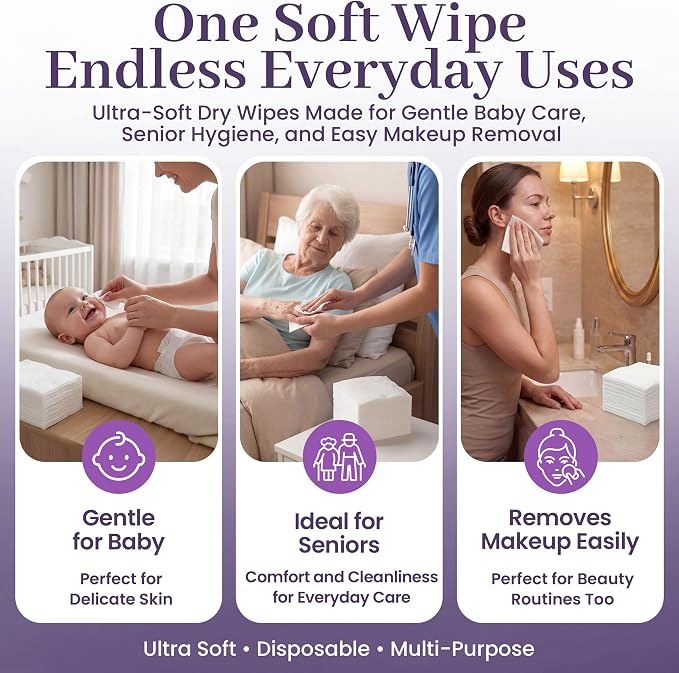 Disposable Dry Wipes, 1,000 Count Case Pack – Ultra Soft Non-Moistened Cleansing Cloths for Adults, Incontinence, Baby Care, Makeup Removal – 9.5" x 13.5" - Hospital Grade, Durable – by ProHeal