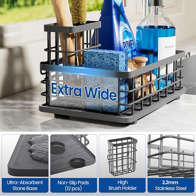 Extra Large Kitchen Sink Caddy Organizer, Stainless Steel Sponge Holder for Kitchen Sink with Brush Holder, Diatomite Stone Sink Tray for Soap Dispenser, Sponge, Bathroom Countertop Organizer, Grey