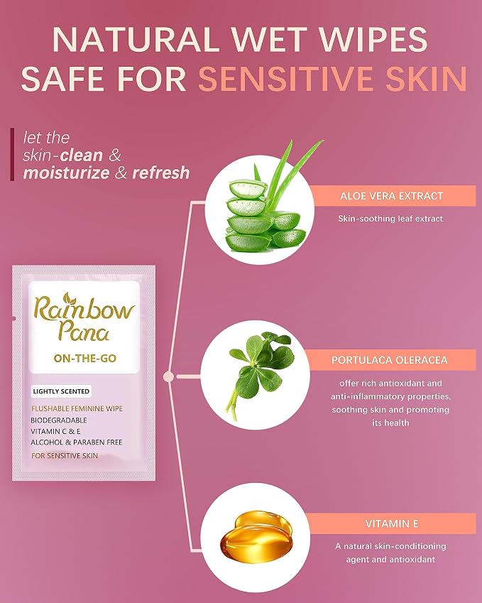 RainbowPana Feminine Wipes, 40 Count ON-THE-GO Individually Wrapped | Flushable Wipes, Travel Wipes for Women, | Aloe, Portulaca, Vitamin E | pH Balanced