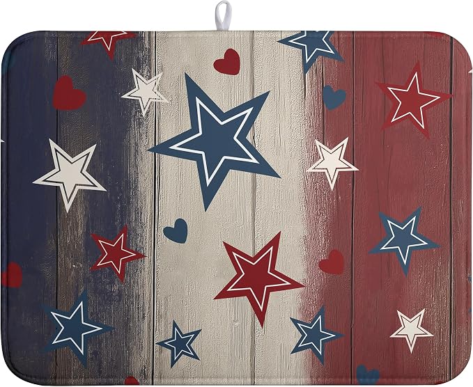 Patriotic Stars Dish Drying Mats 4th of July Dish Mat Blue Red Heart Drying Matt Dishes Dryer Pad for Kitchen Counter Absorbent Microfiber Washable Foldable Reusable 18x24 in