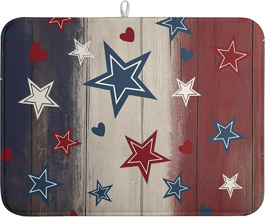 Patriotic Stars Dish Drying Mats 4th of July Dish Mat Blue Red Heart Drying Matt Dishes Dryer Pad for Kitchen Counter Absorbent Microfiber Washable Foldable Reusable 18x24 in