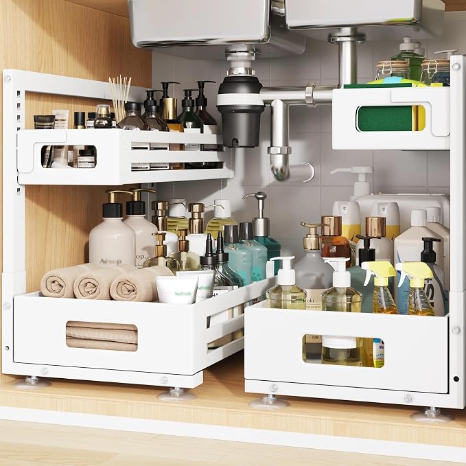 2 Pack 17IN-Depth Under Sink Organizer,Pull Out Cabinet Organizer With Smooth Cylindrical Rail,Metal Slide Out Drawer for Kitchen Bathroom Laundry,8-Level Tool Free Height Adjustable-White