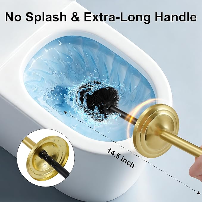 Stainless Steel Toilet Brush and Holder Set,Extra Long Handled Toilet Brush for Bathroom,Heavy Duty Toilet Bowl Brush,Modern Toilet Cleaner Brush, Splash Protection,Deep Cleaning (Gold)