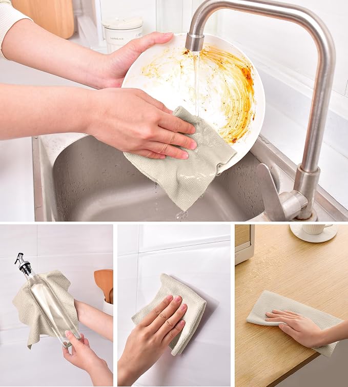 KitchLife Microfiber Cleaning Cloth Roll - Tear-Away Reusable Microfiber Paper Towels, Lint-Free, Washable, 20 Sheets for Kitchen, Car, Dishes, and Sensitive Surfaces (Sand Beige)