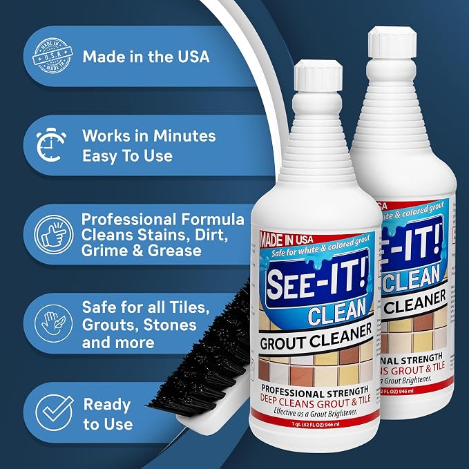 SEE-IT! Grout & Tile Deep Cleaner Brightener & Heavy-Duty Stain Remover Acid-Free Safe for Ceramic, Porcelain, Marble, Stone - Two 32 fl. oz. Bottles with Floor Cleaning Brush