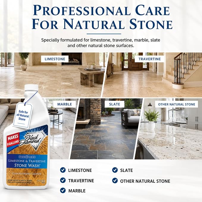 Black Diamond Stoneworks Limestone & Travertine Stone Wash Concentrate – pH Neutral Cleaner for All Sealed & Unsealed Natural Stone Floors Including Marble, Slate, Granite & More. (1 Quart)