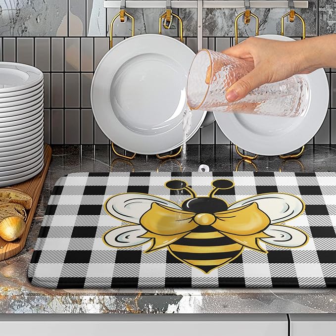 Bee Drying Mats for Kitchen Counter 18×24 Inch Black and White Buffalo Plaid Honey Bee Kitchen Drying Mats for Dishes Summer Microfiber Dish Pad Absorbent Dish Rack Mat