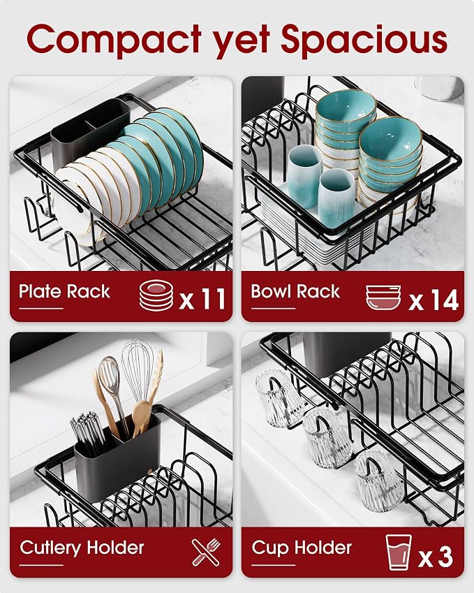 Sakugi Dish Drying Rack in Sink - Expandable Stainless Steel Dish Rack Over The Sink, Kitchen Sink Drain Strainer with Cutlery Holder & Cup Holders, 15.4 x 11.3 x 6.6 Inch, Black