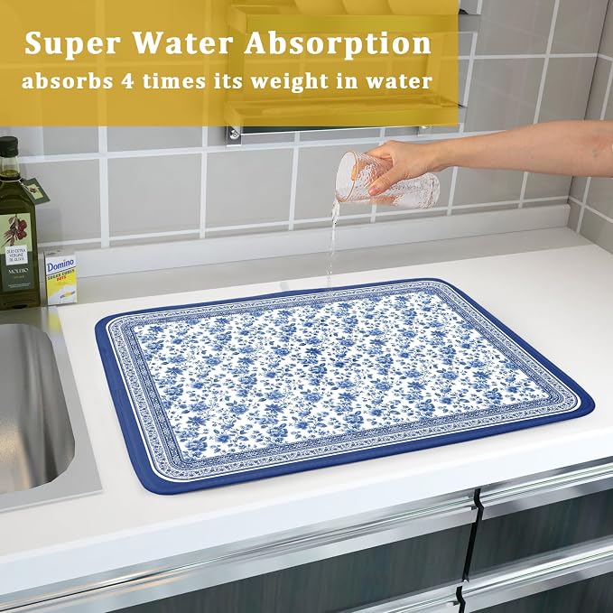 Blue Floral Branches Dish Drying Mat for Kitchen Counter Chinoiserie Pattern Dish Drying Pad 18x24 In Absorbent Vintage Flowers Decor Dishes Drainer Pad Dish Dry Rack Mat for Counter Coffee Bar