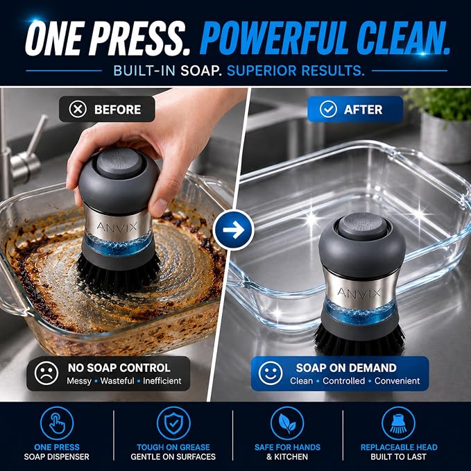 Soap Dispensing Palm Brush 2 Pack, Dish Scrubber with Built in Soap Dispenser, Stainless Steel Body, Replaceable Brush Head, Non Scratch Nylon Bristles for Dishes, Pots, Pans, Nonstick Cookware