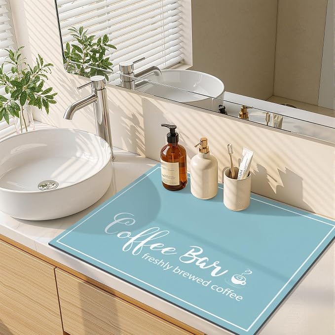 Findosom Dish Drying Mat, 18" x 24" Super Absorbent & Hide Stain Coffee Mat, Cuttable Drying Mat for Kitchen Counter, Coffee Bar Accessories, Under Dish Rack, Coffee Maker, Espresso Machine, Blue
