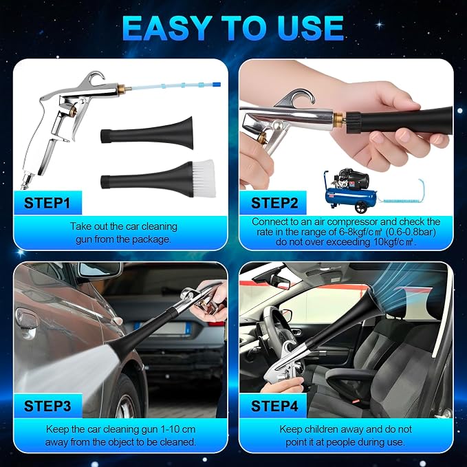2 Nozzles Air Cleaning Gun, Dry Cleaning Gun Quickly Blasts Dust, Dirt and Grime from Surface, Dryer Air Blow Gun Works with Air Compressor, Car Detailing Tool for Interiors Exteriors Deeply Cleaning
