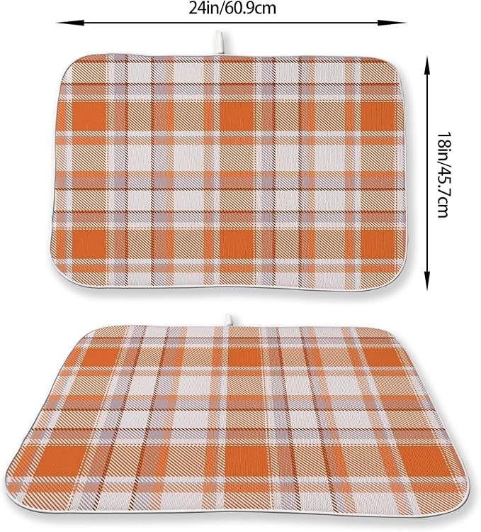 Fall Checkered Dish Drying Mats 18x24 Inch Autumn Burnt Orange Grey Buffalo Plaid Drying Mats Holiday Thanksgiving Dish Drying Pad Dish Rack Drainer Mats for Kitchen Dining Room Counter Decor
