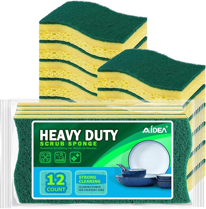 AIDEA Sponges Kitchen, Heavy-Duty Scrub Sponge, 12Count, Sponges for Dishes | Kitchen Sponge for Non-Coated Cookware, Scrubbing Power for Tough Messes, Cleaning Sponge for Kitchen, Bathroom, Household