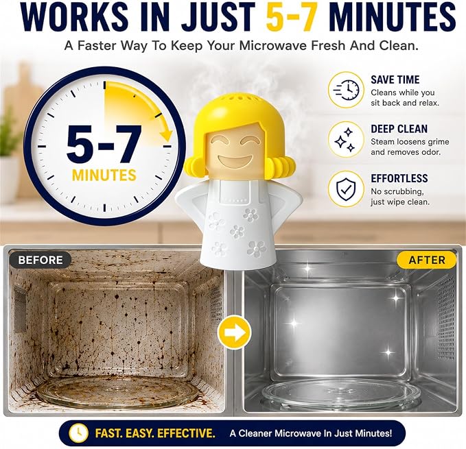 Microwave Steam Cleaner Tool, Fill with Vinegar & Water, Optional Lemon Drops, Heat 5-7 Minutes to Soften Grease & Residue, Non-Toxic Reusable Kitchen Cleaner for Microwaves (White)