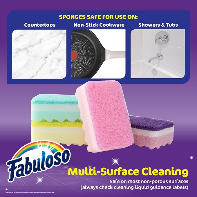 Fabuloso Scratch-Free Kitchen Dish Sponges, Rainbow Cellulose Scrubber Sponge with Scouring Pad for Dishes, Pots, Pans, Counters and Sinks, Tough on Messes, 4.25 x 2.75 x 1.25 in, 4 Count