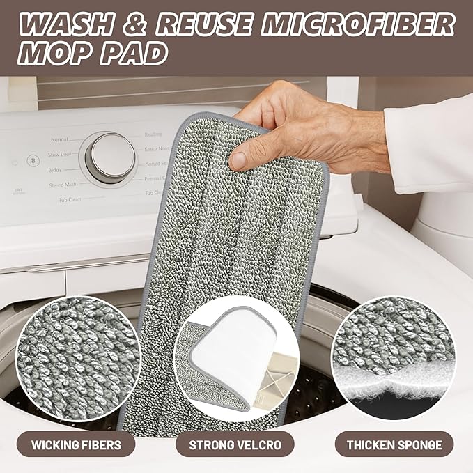 HOMTOYOU Wet Mop for Floor Cleaning: Spray Mop for Multi-Surface Floors | Wet Dry Use, 4 Pcs Microfiber Washable Pads, 400+ML Refillable Bottle, 360° Swivel Head, Beige