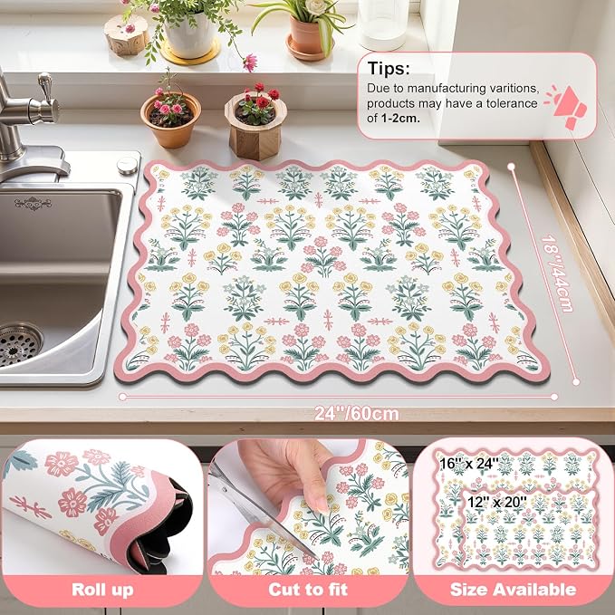 LOKHOM Scalloped Floral Dish Drying Mat, 18"x24" Super Absorbent Coffee Mat with Unique Pink Pastoral Floral, Cuttable Hide Stain Non-slip Drying Mat for Kitchen Counter Coffee Maker Espresso Machine