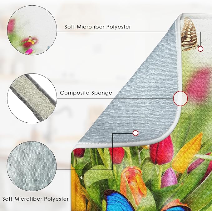Sanwarm Absorbent Dish Drying Mat, Spring Flowers Butterflies Microfiber Pad for Kitchen Counter, Coffee Bar Decor, Heat Resistant and Reversible, 16" x 18"