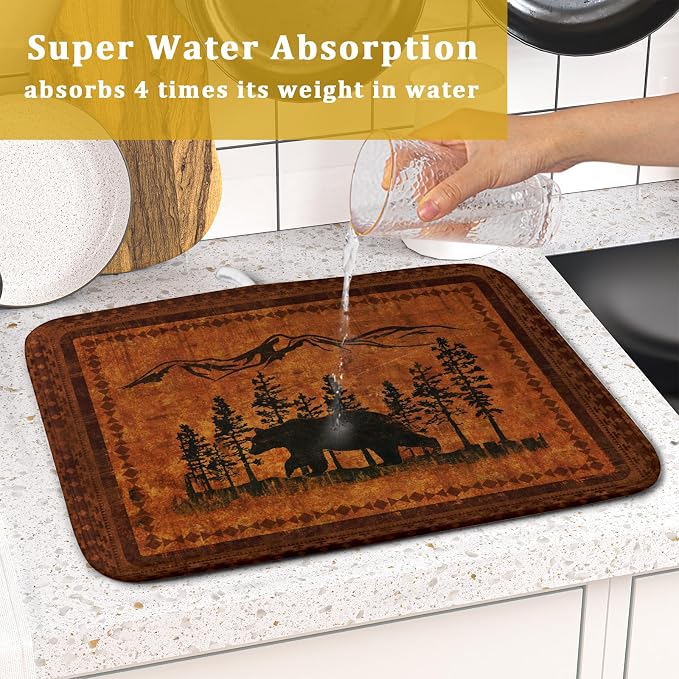 Forest Bear Dish Drying Mat 16x18 Inch Rustic Cabin Washable Microfiber Absorbent Dishes Drainer Rack Pad for Kitchen Counter Home Decor