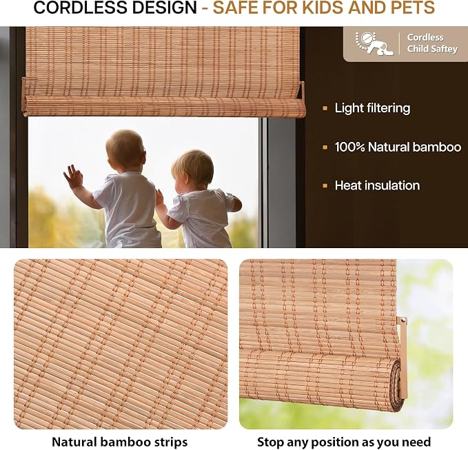LazBlinds Bamboo Roller Shades, Ceylon Light Russet, 26" W x 40" H | No Drill Cordless Bamboo Blinds, Light Filtering Roll Up Blinds for Windows, French Door, Porch or Patio Privacy Screen