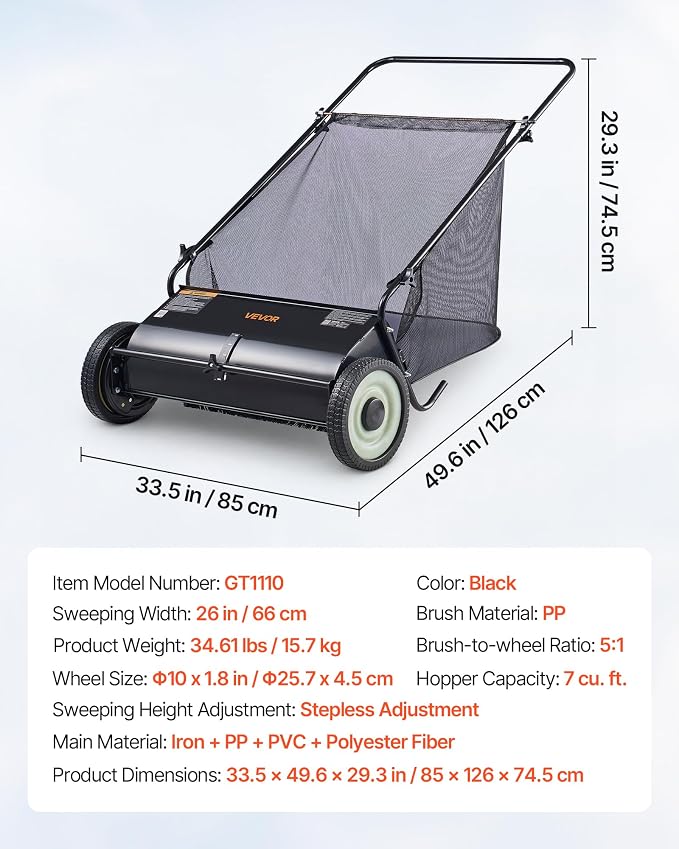VEVOR Push Lawn Sweeper 26 Inch Leaf & Grass Collector Strong Rubber Wheels | Heavy Duty Thickened Steel Durable to Use with Large Capacity 7 ft³ Mesh Collection Bag, 4 Spinning Brushes