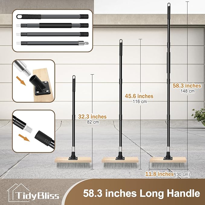 TidyBliss Stainless Steel Wire Scrub Brush with Long Handle, Heavy Duty Stiff Metal Broom Scrubber, Outdoor Moss Removal for Concrete Floor, Deck, Garden, Patio, Roof, Brick, Garage, Swimming Pool