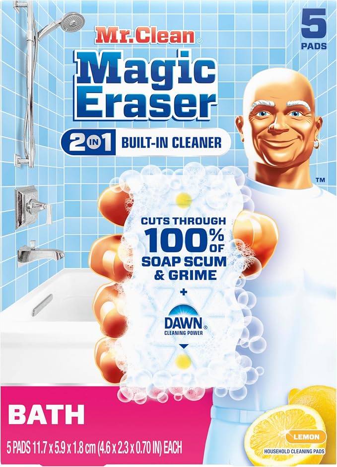 Mr. Clean Magic Eraser Sponge, Bathroom Cleaner, Shower Cleaner, Tub Cleaner, Soap Scum Remover, Bathroom Cleaning Supplies, Dawn Cleaning Power with Lemon Scent, 2 in 1 Bath, 5ct (Pack of 4)