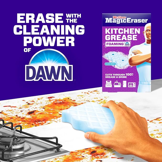 Mr. Clean Magic Eraser Foaming Sponge, Kitchen Grease Eraser, Dawn Cleaning Power, Oven Cleaner, Clean Scent, 6ct