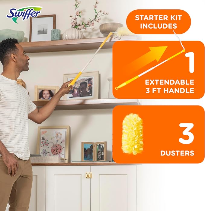 Swiffer Duster Kit with 3 ft Extendable Handle, Heavy Duty Dusting Starter Kit with 3 Refills, for Ceiling Fans, Vents and Hard to Reach Places (Pack of 6)
