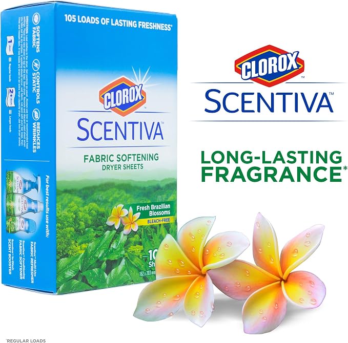 Clorox Scentiva Fabric Softener Dryer Sheets, Fresh Brazilian Blossoms Scent - Wrinkle Reducing Scented Softening Laundry Dryer Sheets for Great Smelling Clothes, 105 Count
