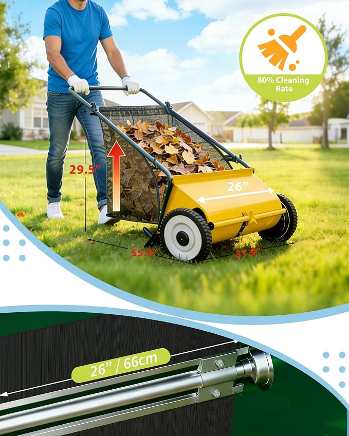 Push Lawn Sweeper, 26 Inch Extra-Wide 4-Brush System, 7 cu.ft. Mesh Bag, Heavy Duty Steel Frame, Height-Adjustable Yard & Garden Cleaner for Leaves and Grass, Yellow
