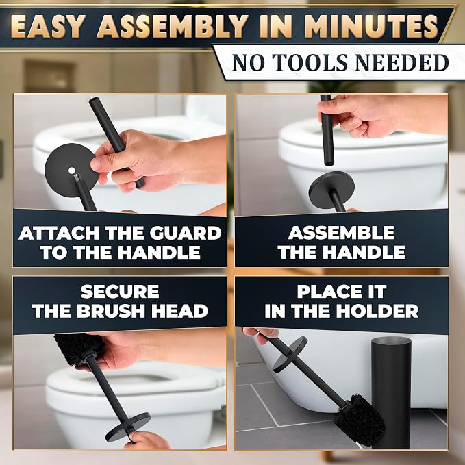 Stainless Steel Toilet Brush and Holder Set, Splash Guard (Black) | Matte Black Toilet Brush and Holder Set, Removable Bowl, Dense Bristles, Long Handle, Scratch Resistant, for Modern Bathrooms