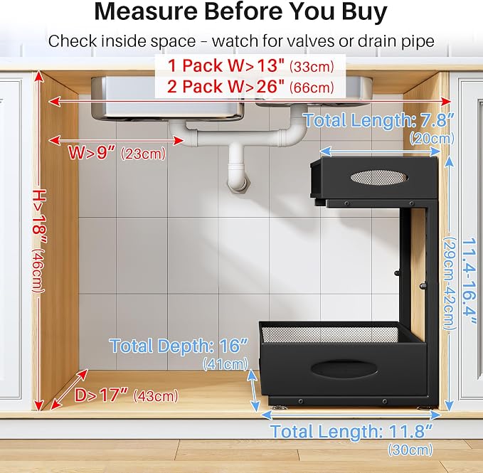Under Sink Organizer, 2 Tier Pull Out Under Cabinet Organizer Shelf with Pad for Framed Cabinets, Metal Slide Out Under Sink Storage, Mesh Sliding Drawers for Kitchen Bathroom Laundry(Black, 1 Pack)