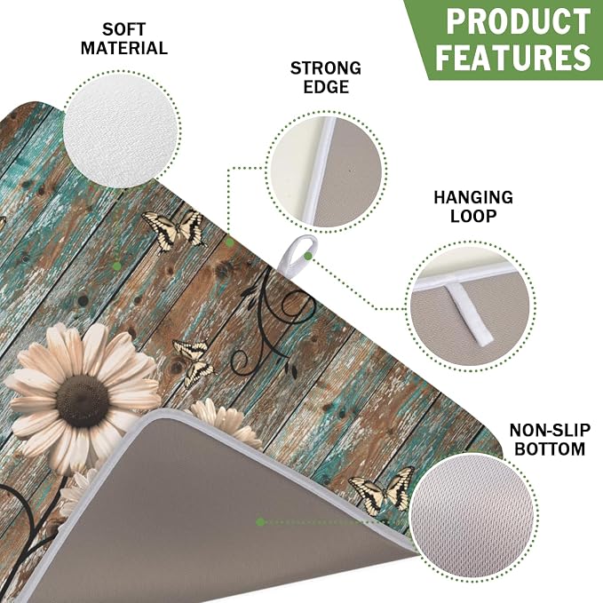 Vintage Daisy Floral Wooden Board Dish Drying Mat 16x18 Inch | Rustic，Polyester，Absorbent Microfiber，for Kitchen Coffee Dining Bar Decor