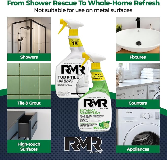 RMR Germ & Grime Guard Bundle – Tub & Tile Mold & Mildew Stain Remover + Botanical Disinfectant Cleaner, 2-Step Bathroom & Home Cleaning for Tile, Grout, Shower, Counters & More, 2–32 Oz Bottles