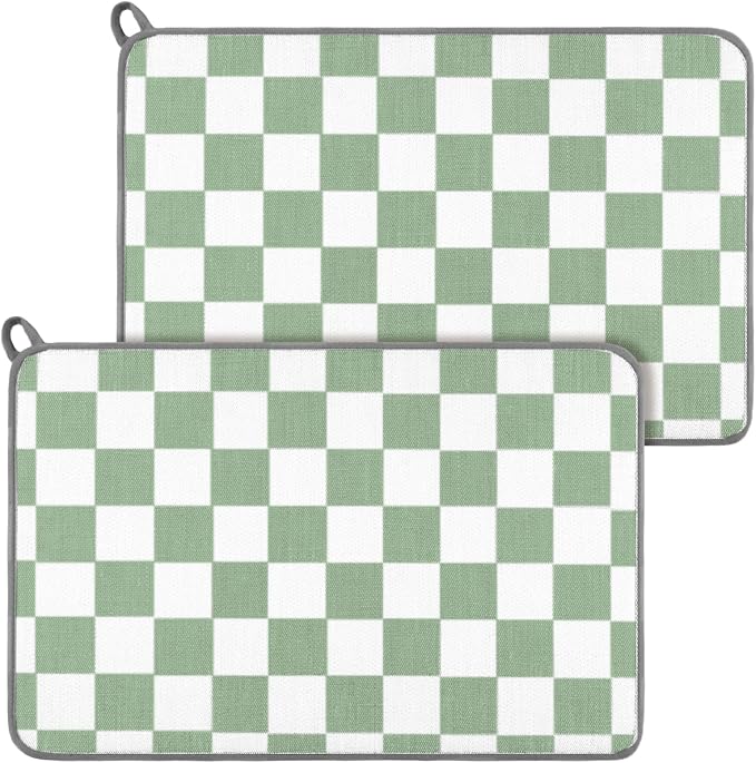 Zonon Green Checkered Dish Drying Mat for Kitchen Counter 16" x 24" Microfiber Absorbent Dish Drainer Rack Pads Fast Dry Mat Vintage Kitchen Decorations