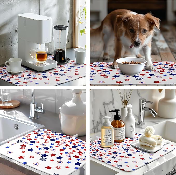 4th of July Dish Drying Mat for Kitchen Counter Patriotic Stars Dishes Drainer Mats Independence Memorial Day Microfiber Absorbent Dish Draining Pad Extra Large 18"x24"