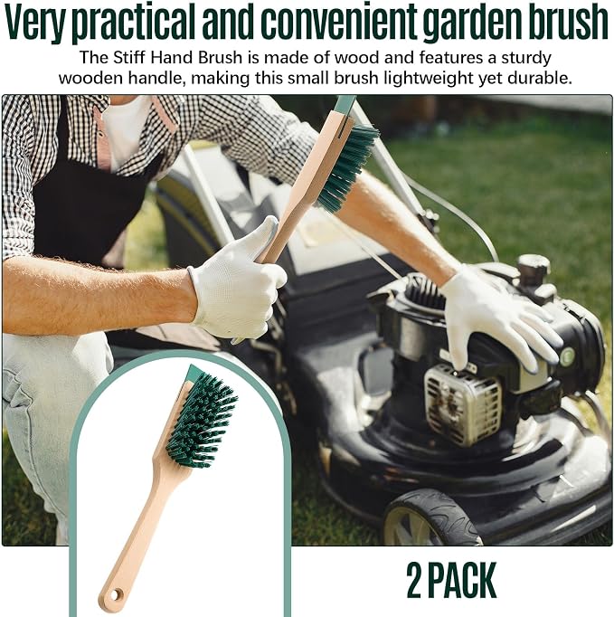 CroBlissful 2 Pcs Heavy Duty Scrubbing Brush Stiff Bristle Brush with Wood Handle and Scraper for Lawn Mower Deck Scraper Cleaning Outdoor Boot Scrub Brushes