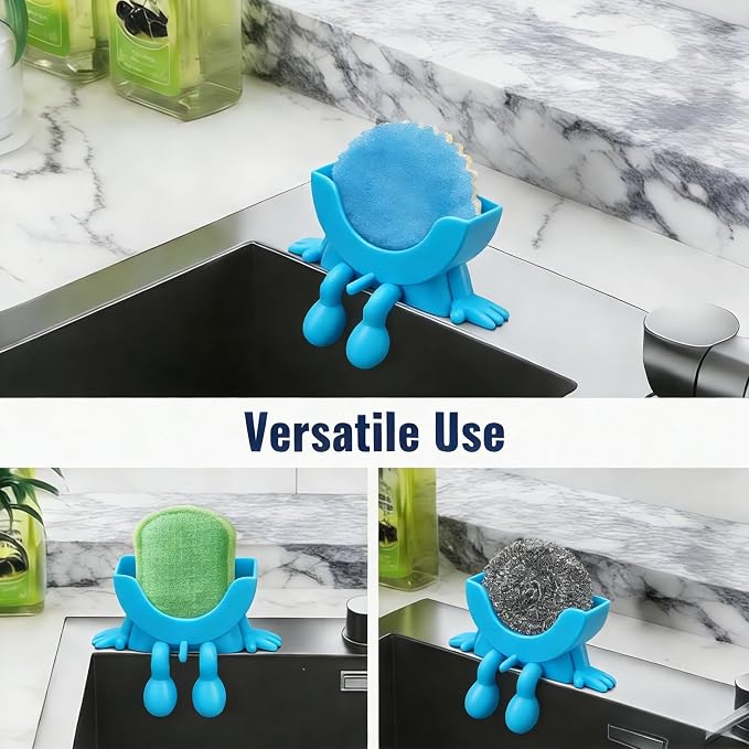 Cute Hanging Sponge Holder with Drainage,3D Printed Kitchen Funny Sponge Stand for Sink,with Non-Slip Pads,Suitable for Scrub Daddy Holder,Keeps Your Sponge Dry Smiling (Blue)