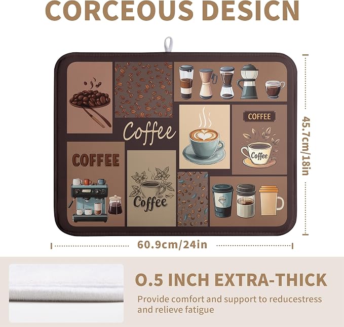 Coffee Theme Dish Drying Mats for Kitchen Counter Absorbent Microfiber Dish Drainer Mats Brown Pattern Coffee Bar Mat for Countertop Washable Dishes Drying Pad Extra Large 18x24 Inch