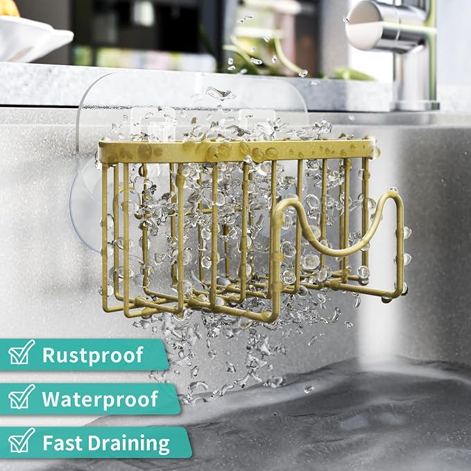 HapiRm Sponge Holder for Kitchen Sink - Unique M-Shaped Sink Caddy | Multifunctional, 2 Installation Ways, Rustproof Stainless Steel Kitchen Organizers and Storage Essentials, Dark Gold