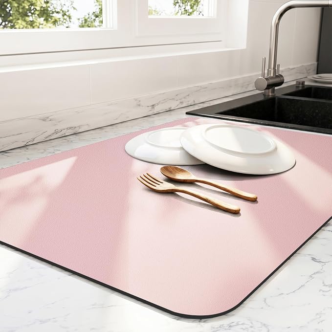 Ecotrim - Dish Drying Mat for Kitchen Counter | Coffee Bar Mat for Countertops | Heat Resistant Drainer Mat with Non-slip Rubber Backed | Hide Stain Kitchen Absorbent Draining Mat | Pink 18"x28"
