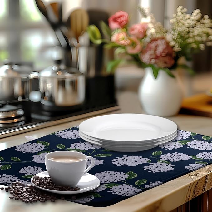 Navy Blue Hydrangea Dish Drying Mats Spring Summer Dish Mat Vintage Floral Drying Matt Dishes Dryer Pad for Kitchen Counter Absorbent Microfiber Washable Foldable Reusable 18x24 in